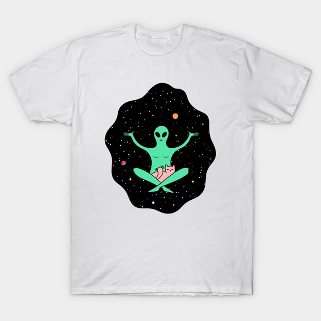 Funny Alien with a Cat Floating in Outer Space T-Shirt by Trippycollage